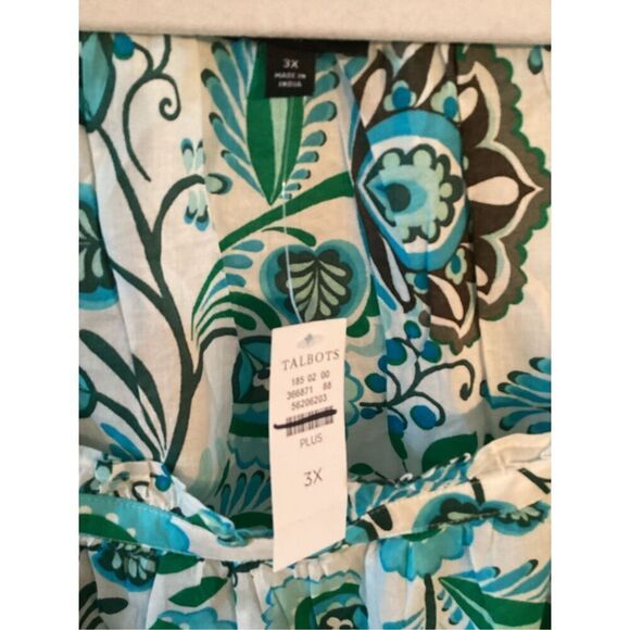 Talbots Plus Paisley Top Blouse Sz 3X Ruffled Square Neck Sleeve Blue Green - Picture 3 of 9